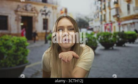 Donna sorridente e baciata alla macchina fotografica in una vivace scena di strada cittadina caratterizzata da architettura classica e vegetazione lussureggiante. Foto Stock