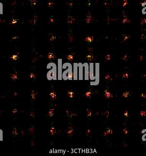 Uno sfondo scuro astratto con un motivo di quadrati senza cuciture con scintille rosse e gialle. Le piazze sono disposte in modo che assomigliano a loro Foto Stock