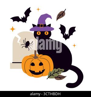 adorabile gatto nero che indossa un cappello da strega circondato da zucche, pipistrelli, tomba, ragno e foglie autunnali - illustrazione vettoriale Illustrazione Vettoriale