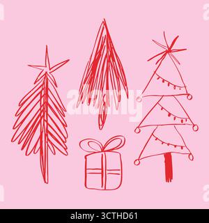 Vettoriale lineare Doodle NET stravagante Natale. Alberi di Natale e un regalo in stile infantile. Illustrazione Vettoriale