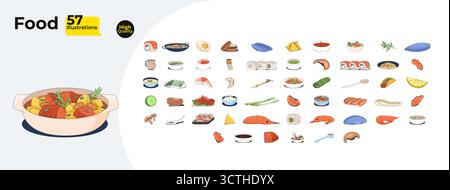 Cibo fresco e ingredienti della cucina cartoni animati illustrazioni piatte mega pacchetto Illustrazione Vettoriale