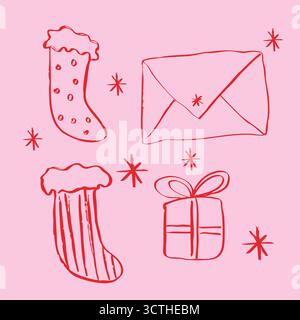 Scarabocchi lineari vettoriali per un Natale stravagante. Regali, una lettera a Babbo Natale e calze regalo. Illustrazione Vettoriale