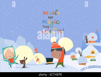 I bambini costruiscono insieme il pupazzo di neve e combattono con la palla di neve nella foresta durante le nevicate. I bambini saltano e corrono Illustrazione Vettoriale