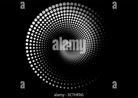 Spirale circolare mezzitoni, logo circolare punti texture illusione ottica della sfumatura, illustrazione vettoriale su sfondo bianco e nero Illustrazione Vettoriale