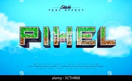Effetto testo modificabile pixel Design Illustrator stile grafico con carattere di gioco 3d Minecraft personalizzabile su sfondo cielo nuvoloso. Premium vettoriale Illustrazione Vettoriale