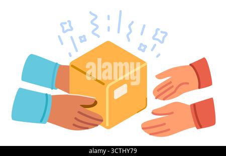 Consegna del pacchetto della persona al cliente. Mani che trasportano una scatola di cartone. Pacchi di spedizione, pacchi. Servizio di trasferimento Illustrazione Vettoriale