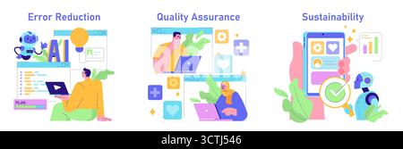 Illustrazione vettoriale che evidenzia l'IA nella riduzione degli errori, nel controllo della qualità e nella sostenibilità. Illustra le persone che interagiscono con strumenti e robot digitali, migliorando l'efficienza e la crescita. Illustrazione Vettoriale