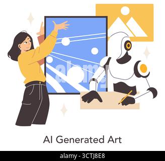 Illustrazione vettoriale che mostra una persona che interagisce con un robot ai nella creazione di arte digitale. I singoli gesti verso un'opera d'arte digitale, collaborando in un ambiente artistico. Illustrazione Vettoriale