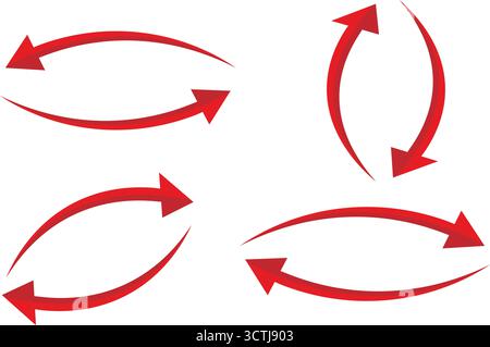 Le frecce curve rosse impostano l'illustrazione vettoriale, la raccolta di icone della direzione di rotazione astratta, i simboli del movimento circolare per l'infografica e la presentazione Illustrazione Vettoriale