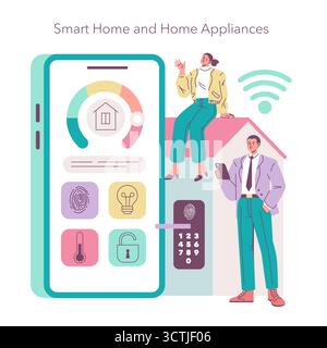 Illustrazione vettoriale del controllo della casa intelligente tramite un'app mobile. Due persone interagiscono con uno smartphone di grandi dimensioni che visualizza icone di automazione domestica. Concetto di tecnologia e connettività moderne. Illustrazione Vettoriale