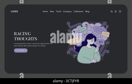 Illustrazione vettoriale con una donna sopraffatta da pensieri ed emozioni caotiche. Le bolle e le frecce del discorso simboleggiano la confusione e l'ansia in un contesto di salute mentale. Illustrazione Vettoriale