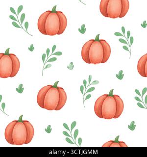 Motivo acquerello senza cuciture con zucche arancioni e foglie verdi. Foto Stock
