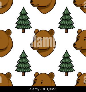 Modello vettoriale senza cuciture di amichevoli facce di orsi marroni e alberi sempreverdi in un ambiente stravagante della foresta. Illustrazione Vettoriale