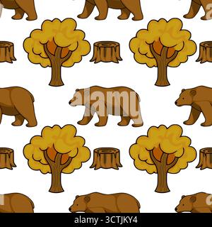 Motivo vettoriale senza cuciture con incantevoli orsi bruni cartoni animati e alberi autunnali con ceppi, ideale per i temi dei bambini. Illustrazione Vettoriale