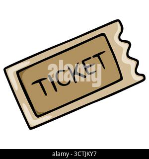 Una semplice illustrazione vettoriale di un singolo biglietto marrone con la parola "TICKET" scritta in nero, con un bordo lacerato e un bordo beige chiaro. Illustrazione Vettoriale
