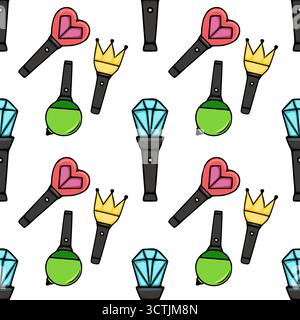 Motivo vettoriale senza cuciture con luci da concerto K-pop stilizzate a forma di cuore, corona, diamante e sfera, su uno sfondo bianco pulito. Illustrazione Vettoriale