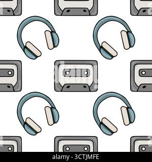 Un motivo vettoriale senza interruzioni con cassette retrò e cuffie stilizzate che evocano un senso di nostalgico divertimento musicale e tecnologia audio vintage Illustrazione Vettoriale