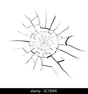Foro proiettile nello specchio incrinato con linee frantumate e detriti. Texture drammatica per il design di poster di crimine, orrore o Halloween. Illustrazione vettoriale su sfondo scuro. Illustrazione Vettoriale