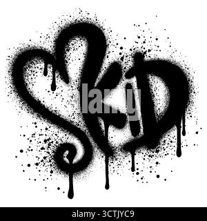 Carattere per bambini verniciato a spruzzo in stile graffiti che forma un cuore con vernice spray in nero su bianco per la stampa, lo sfondo, il poster, l'adesivo. Illustrazione Vettoriale
