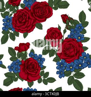 splendido motivo vintage senza cuciture con mazzi di rose e foglie rosse. Illustrazione Vettoriale