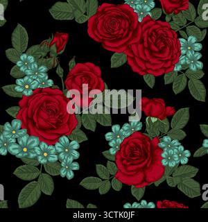 splendido motivo vintage senza cuciture con mazzi di rose e foglie rosse. Illustrazione Vettoriale