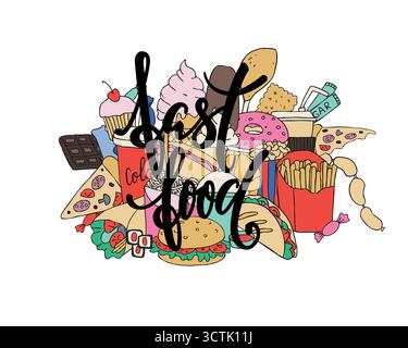 grande set di fast food disegnati a mano con scritta. Calligrafia disegnata a mano e scritta a penna fast food. Illustrazione Vettoriale