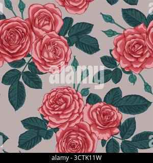 splendido motivo vintage senza cuciture con mazzi di rose e foglie. Illustrazione Vettoriale
