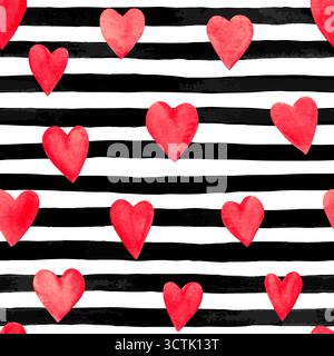 Splendido sfondo senza cuciture con cuori ad acquerello rosso su inchiostro orizzontale e strisce bianche e nere Illustrazione Vettoriale