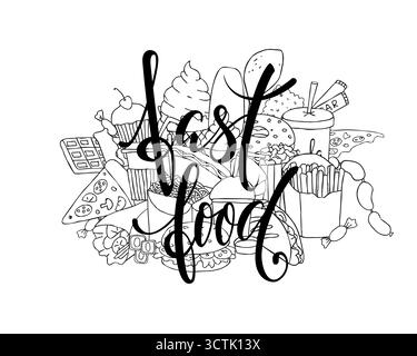 grande set di fast food disegnati a mano con scritta. Illustrazione Vettoriale