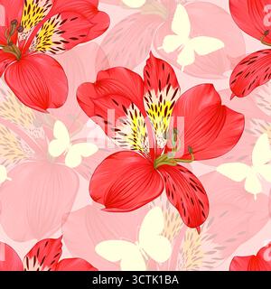 Splendido sfondo senza cuciture con fiore di alstroemeria rosso e farfalla di silhoette. Design biglietto d'auguri e invito al matrimonio, compleanno, Valenti Illustrazione Vettoriale