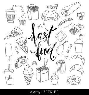 grande set di fast food disegnati a mano con scritta. Illustrazione Vettoriale