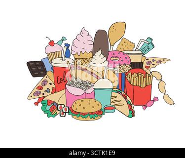 grande set di fast food con scarabocchi disegnati a mano. Disegnato a mano. Illustrazione Vettoriale