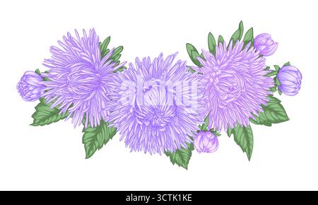 bellissimo bouquet con assaggi viola e foglie. Composizione floreale. Disegna il biglietto d'auguri e l'invito al matrimonio, al compleanno, a San Valentino, mese Illustrazione Vettoriale