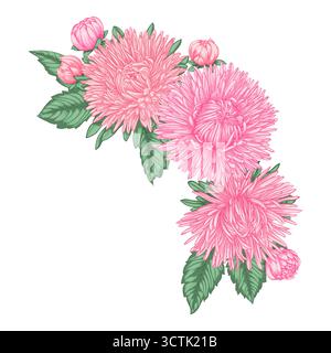 bellissimo bouquet con assaggi viola e foglie. Composizione floreale. Disegna il biglietto d'auguri e l'invito al matrimonio, al compleanno, a San Valentino, mese Illustrazione Vettoriale