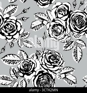 splendido motivo vintage senza cuciture con mazzi di rose gemme e foglie in bianco e nero. progettare il biglietto d'auguri e l'invito al matrimonio, al compleanno, Illustrazione Vettoriale