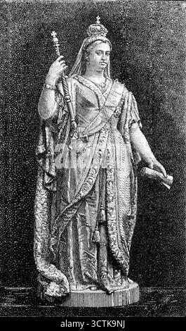 Statua della Regina, per gli uffici governativi, Sydney, nuovo Galles del Sud, 1883. Due '...statue di marmo, il cui scultore è il signor Giovanni Fontana... sono state giustiziate per l'ornamento delle sale degli uffici governativi del nuovo Galles del Sud a Sydney, per ordine di Sir Saul Samuel, Agente generale di quella colonia a Londra. La prima è una statua di sua Maestà la Regina, vestita con le vesti reali e imperiali di Stato, con la Corona sulla testa, e indossando anche il nastro della Giarrettiera e della Stella dell'India; tiene lo scettro nella mano destra e un rotolo nella sinistra. Il secondo di Foto Stock
