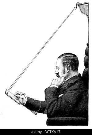 Wryteezy Railway Wryteezy, 1890. Invenzione vittoriana. "Molti passeggeri delle ferrovie hanno trovato difficile o scomodo scrivere su un vagone che va alla velocità del treno espresso, con la carta appoggiata, forse, su un ginocchio, o su un libro tenuto in mano sinistra. E' sempre faticoso; e l'apparato mostrato nella nostra illustrazione, brevettato dalla Wryteezy Company, 25, Cross-Street, Manchester, promette un eufemismo efficace. Un'estremità del cavo di supporto, fissata alla piccola scrivania di legno, è dotata di un gancio che può facilmente fissare in alto con l'aiuto del solito portapacchi: L'altra estremità Foto Stock