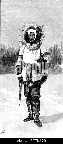 Il conte di Lonsdale nel suo abito da viaggio artico, 1890. I viaggi di Lord Lonsdale nell'Artico Nord America. L'intraprendente e coraggiosa esibizione del conte di Lonsdale nel viaggiare verso nord, dal fiume Saskatchewan del territorio della grande Occidente del Canada alle coste dell'Oceano Artico, e da lì attraversando l'Alaska verso ovest fino al Pacifico settentrionale... ha suscitato molta attenzione... poche persone, tranne alcuni ufficiali della compagnia della Baia di Hudson e della compagnia della pelliccia dell'Alaska, hanno fatto conoscenza con queste regioni desolate... Fu il 22 febbraio 1888 che la sua Signoria lasciò l'Inghilterra per circa Foto Stock