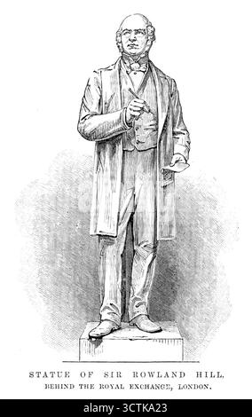 Statua di Sir Rowland Hill, dietro il Royal Exchange, Londra, 1890. Il vecchio morì il 27 agosto 1879, all'ottantaquattresimo anno della sua età. Il dottor Hill afferma che era stata la sua speranza che i suoi connazionali non lo considerassero indegno di sepoltura nell'Abbazia di Westminster; "ed è stato con singolare accordo che la voce del popolo gli ha assegnato quest'ultimo grande onore che noi inglesi rendiamo ai nostri famosi morti". Fu sepolto nell'antica abbazia sotto la statua di Watt. Una sua statua in bronzo fu poi posta dietro il Royal Exchange'. Rowland Hill (1795-1879) fu Foto Stock