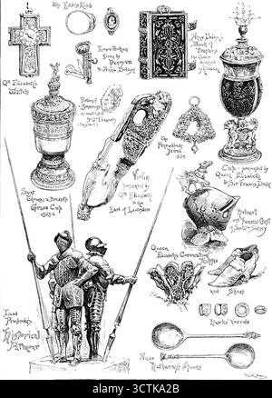 The Tudor Exhibition, 1890. "Orologio della regina Elisabetta; l'anello dell'Essex; gettone d'amore dato da Enrico VIII ad Anna Bolena; il Libro delle preghiere di Anna Bolena, la copertina disegnata da Holbein; porzione di un sovrano mutilato da Qn. Elizabeth (facsimile); The Penruddocke Jewel, 1554; Coppa presentata dalla Regina Elisabetta a Sir Francis Drake; Saint Thomas &#xe0; Becket's Grace Cup, 1525-6; Violin presentato da Qn. Elizabeth al conte di Leicester; casco e stemma funebre di Sir WM. Sidney; Lord Pembroke's Historical Armour; Queen Elizabeth's Coronation Ruffle and Shoes; Hawk's Vervels; Anne Hathaway's Spoon Foto Stock
