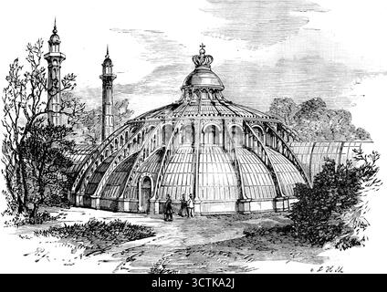 Palazzo reale di Laeken, Bruxelles, distrutto da un incendio: Il Conservatorio, 1890. "Il Palazzo era splendidamente situato in un grande parco non lontano da Bruxelles... la bellezza naturale del parco è esaltata dalla presenza di un'orangerie, un teatro, padiglioni e altre strutture ornamentali. L'arciduca austriaco Carlo Alberto fu il progettista del Palazzo, che fu eretto nel 1782... dopo l'annessione da parte della Francia, Napoleone I. occasionalmente risiedeva al Palazzo. Dopo l'adesione dell'attuale famiglia regnante, sono stati apportati grandi miglioramenti e miglioramenti all'edificio; Foto Stock