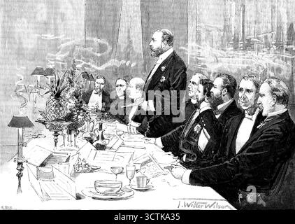 Cena in aiuto di un Fondo nazionale per la lebbra, presieduta dal Principe di Galles, 1890. "Sono stati pubblicati resoconti allarmanti e angoscianti della prevalenza della lebbra in India e in alcune delle nostre colonie dell'Asia orientale, nelle Indie occidentali, in Russia, Norvegia, Spagna e Portogallo, e sulle rive del Mediterraneo... ora viene proposto, raccogliendo fondi sufficienti, dopo aver provveduto alle cure mediche e alle cure dei lebbrosi in tutto l'Impero britannico, che una somma di denaro sarà divisa... per la fondazione di borse di studio per due studenti - uno per fare il Regno Unito e il resto Foto Stock