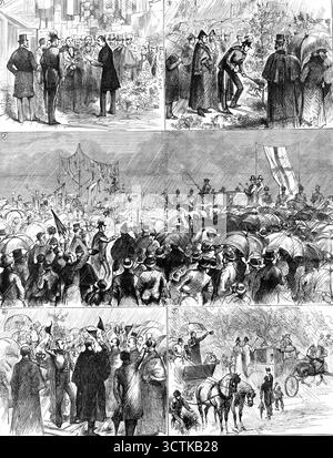Dedica di Burnham Beeches al pubblico, 1883. « 1. Arrivo a Slough: Presentazione dell'indirizzo del Consiglio locale. 2) il duca di Buckingham dichiara Burnham Beeches libero. 3) il Duca piantando un albero. 4. Tre saluti per sua Maesta'. 5. La Processione Civica che parte sulla strada per Eton... il celebre pezzo di bosco selvaggio... dove un residuo del Chiltern "bosco primordiale"... esiste ancora nei vecchi faggi pollardati descritti da Gray nel 1737, è stato "dedicato" al divertimento pubblico... pioveva, infelice, sempre... il Duca e il Signore May Foto Stock