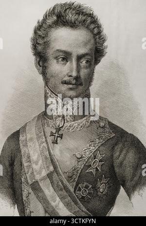 Ritratto di Luis Fernández de Córdoba y Valcárcel (1798-1840), tenente generale spagnolo, 1845. Di idee assolutiste, durante il regno di Ferdinando VII si sollevò contro il governo durante il Triennio Liberale, essendo uno dei promotori della fallita rivolta della Guardia reale a Madrid il 7 luglio 1822, che lo costrinse ad andare in esilio in Francia. Da "Panorama Español, CRónica Contemporánea", Vol III, Madrid, 1845. Foto Stock