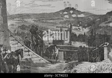 Guerra franco-prussiana (1870-1871): Assedio di Parigi (19 settembre 1870 - 28 gennaio 1871), 1871. Mont-Val&#xe9;rissa durante l'assedio. Da Historia de la Guerra de Francia y Prusia (storia della guerra tra Francia e Prussia), vol II, pubblicato a Barcellona, 1871. Foto Stock