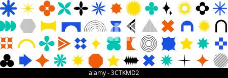 Brutalismo geometrico astratto forme colorate. Set vettoriale di y2k retrò, icone grafiche bauhaus minimali, loghi ed elementi di design Illustrazione Vettoriale