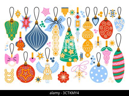 Decorazioni per alberi di Natale. Baubles natalizi, ornamenti, palline di vetro, stelle, archi, figure decorative, alberi di Natale. Illustrazione delle vacanze invernali. Foto Stock