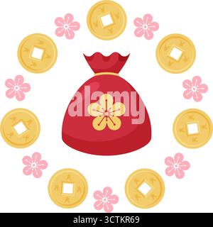 Incorniciatura con la borsa Red Fortune decorata con monete e splendidi fiori, che rappresenta ricchezza e buona fortuna Illustrazione Vettoriale