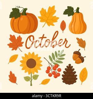 Illustrazione d'autunno di ottobre con zucca, Rowan, corna, cono di pino, foglie e girasole Illustrazione Vettoriale