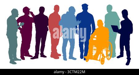 Colorato collage di silhouette monocromatiche di uomini adulti al lavoro e a piacere in pose sicure Foto Stock